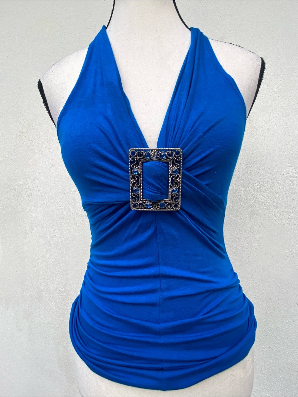 Y2K Blue Rhinestone Buckle Embellished Halter Top Size Small - Picture 3 of 6